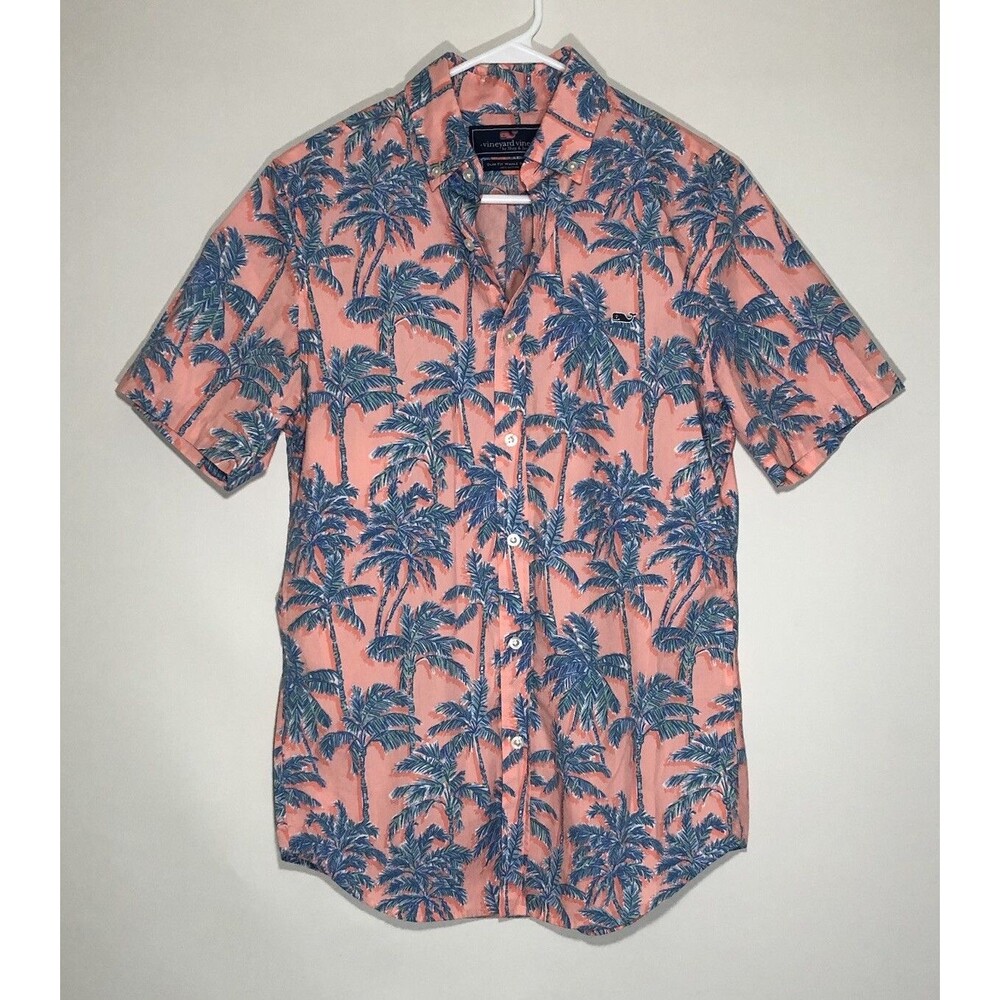 Vineyard Vines Mens Shirt XS Pink Blue Palms Button Up Slim Fit Whale Tucker EUC